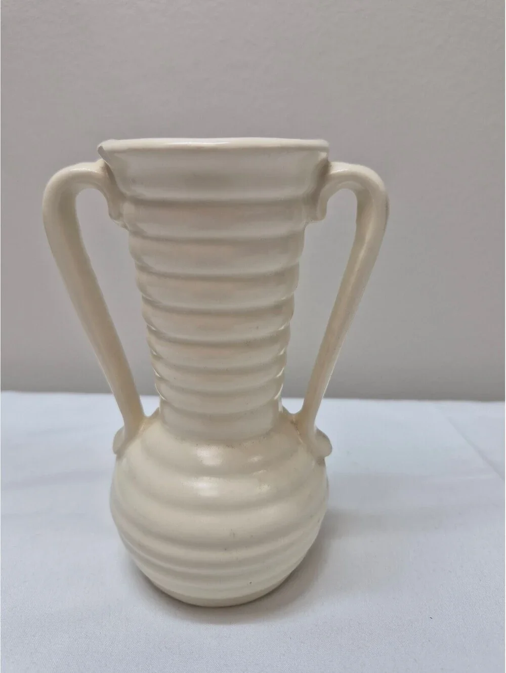 Vintage White Ceramic Ribbed Vase with Dual Handles and USA Marking, J8